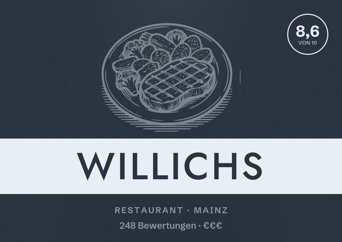 Illustriertes Poster von WILLICHS, Restaurant in Mainz: Bewertung 8,6 von 10 aus 248 Bewertungen, Preisniveau €€€