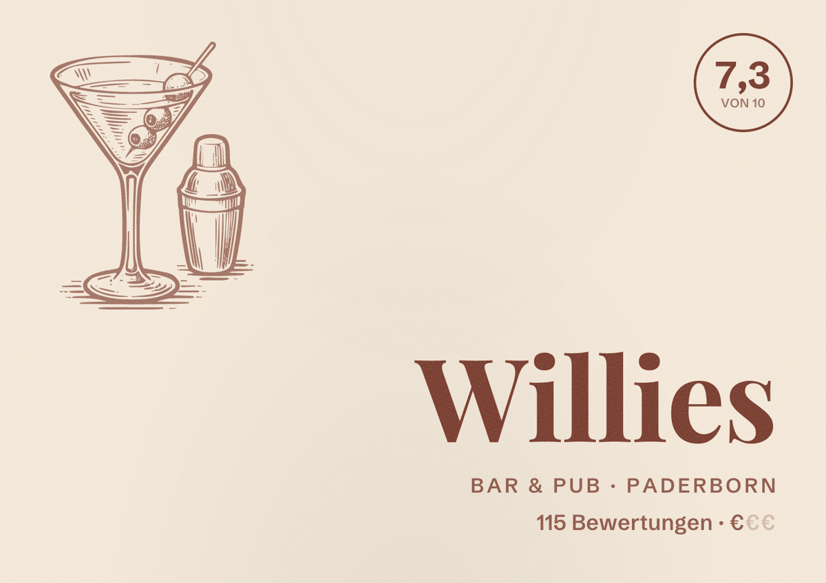 Illustriertes Poster von Willies, Bar & Pub in Paderborn: Bewertung 7,3 von 10 aus 115 Bewertungen, Preisniveau €