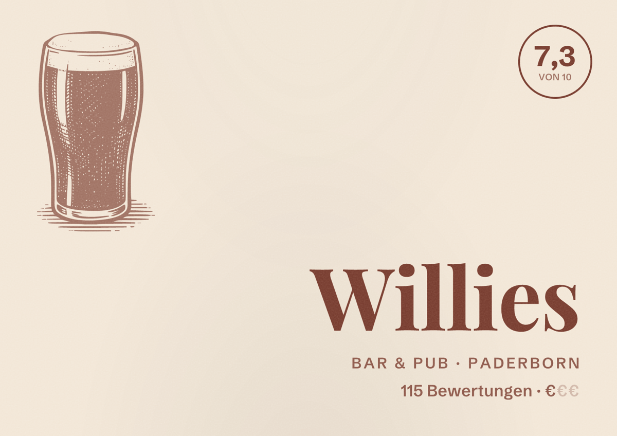 Illustriertes Poster von Willies, Bar & Pub in Paderborn: Bewertung 7,3 von 10 aus 115 Bewertungen, Preisniveau €