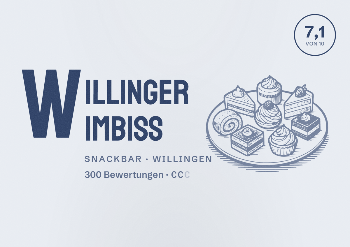 Illustriertes Poster von Willinger Imbiss, Snackbar in Willingen: Bewertung 7,1 von 10 aus 300 Bewertungen, Preisniveau €€