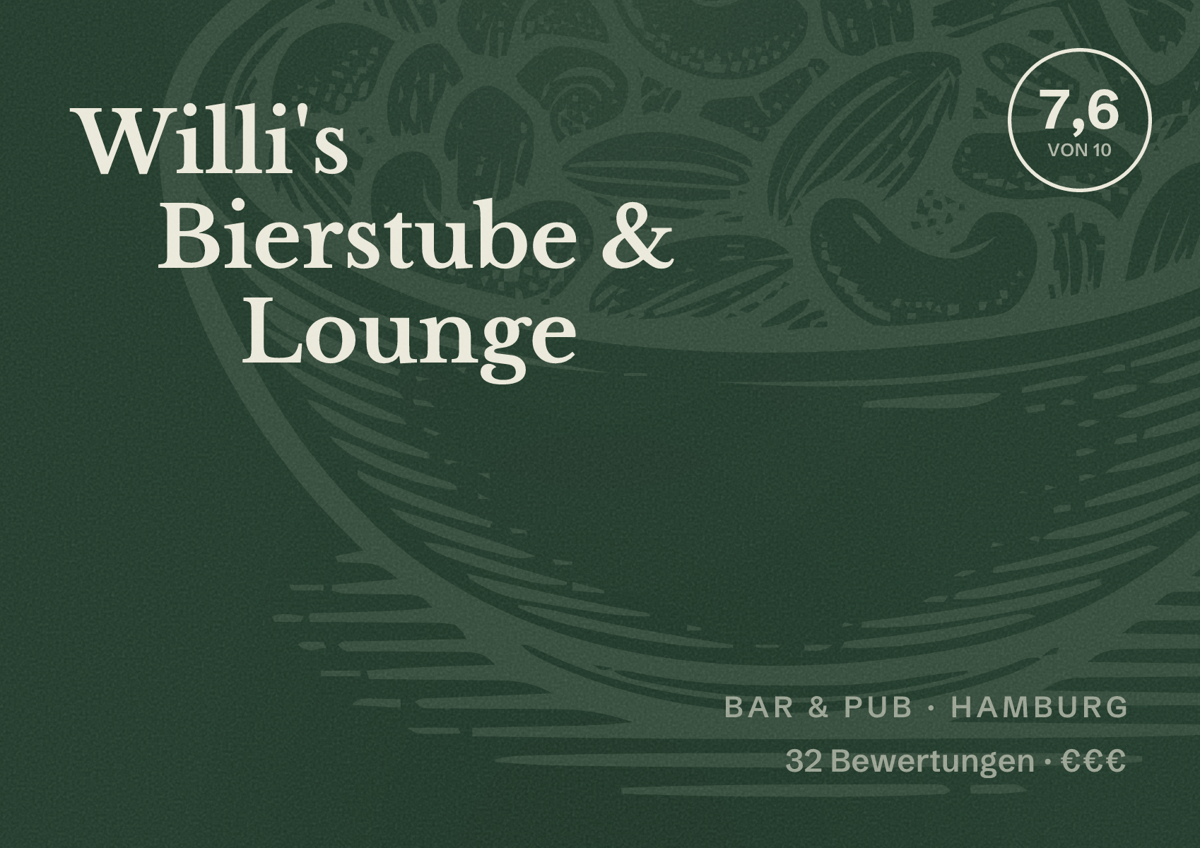 Illustriertes Poster von Willi's Bierstube & Lounge, Bar & Pub in Hamburg: Bewertung 7,6 von 10 aus 32 Bewertungen, Preisniveau €€€
