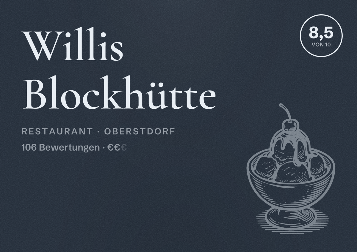 Illustriertes Poster von Willis Blockhütte, Restaurant in Oberstdorf: Bewertung 8,5 von 10 aus 106 Bewertungen, Preisniveau €€