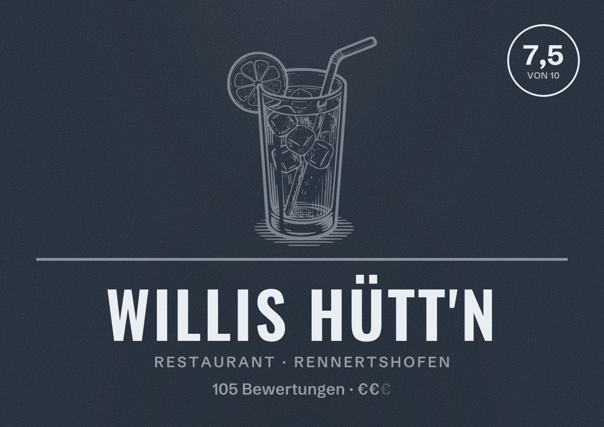 Illustriertes Poster von Willis Hütt'n, Restaurant in Rennertshofen: Bewertung 7,5 von 10 aus 105 Bewertungen, Preisniveau €€