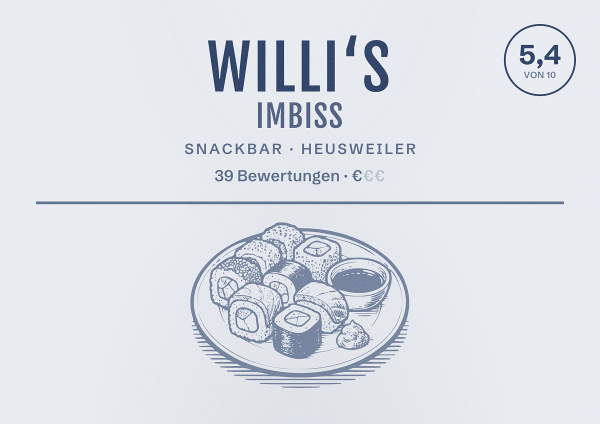 Illustriertes Poster von Willi‘s Imbiss, Snackbar in Heusweiler: Bewertung 5,4 von 10 aus 39 Bewertungen, Preisniveau €