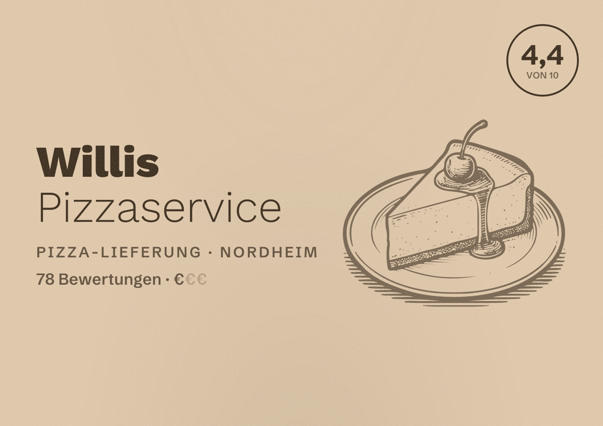 Illustriertes Poster von Willis Pizzaservice, Pizza-Lieferung in Nordheim: Bewertung 4,4 von 10 aus 78 Bewertungen, Preisniveau €