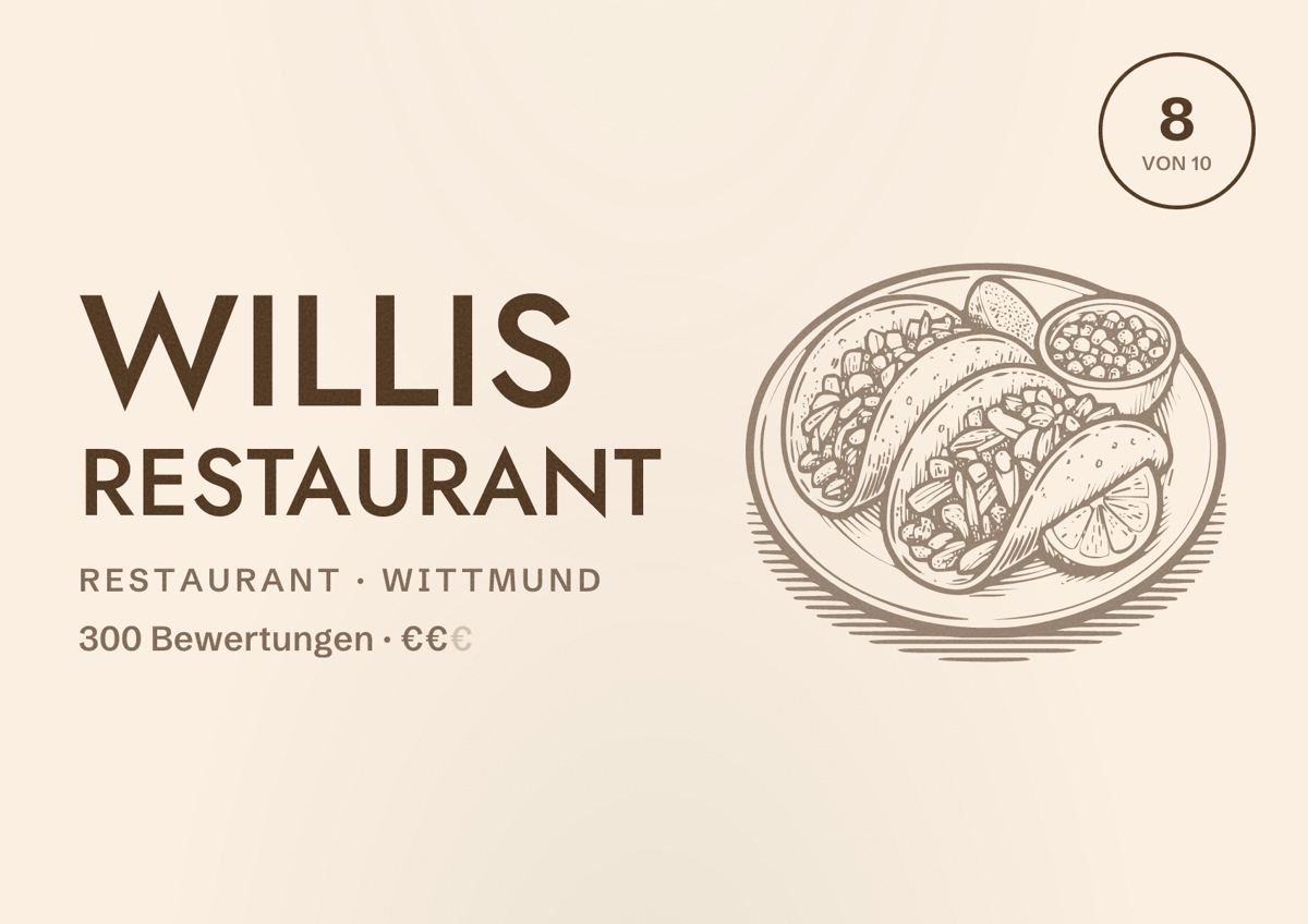 Illustriertes Poster von Willis Restaurant, Restaurant in Wittmund: Bewertung 8 von 10 aus 300 Bewertungen, Preisniveau €€