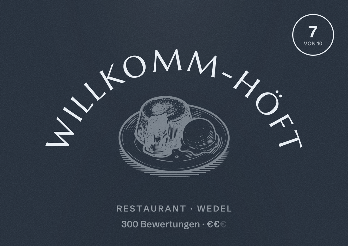 Illustriertes Poster von Willkomm-Höft, Restaurant in Wedel: Bewertung 7 von 10 aus 300 Bewertungen, Preisniveau €€