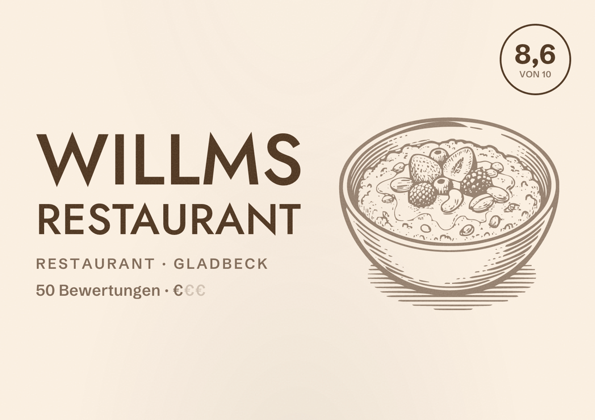Illustriertes Poster von Willms Restaurant, Restaurant in Gladbeck: Bewertung 8,6 von 10 aus 50 Bewertungen, Preisniveau €