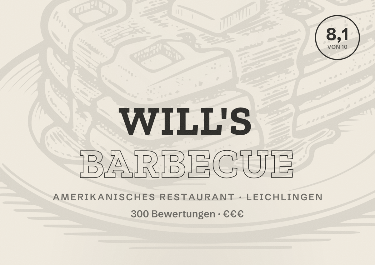 Illustriertes Poster von Will's Barbecue, Amerikanisches Restaurant in Leichlingen: Bewertung 8,1 von 10 aus 300 Bewertungen, Preisniveau €€€