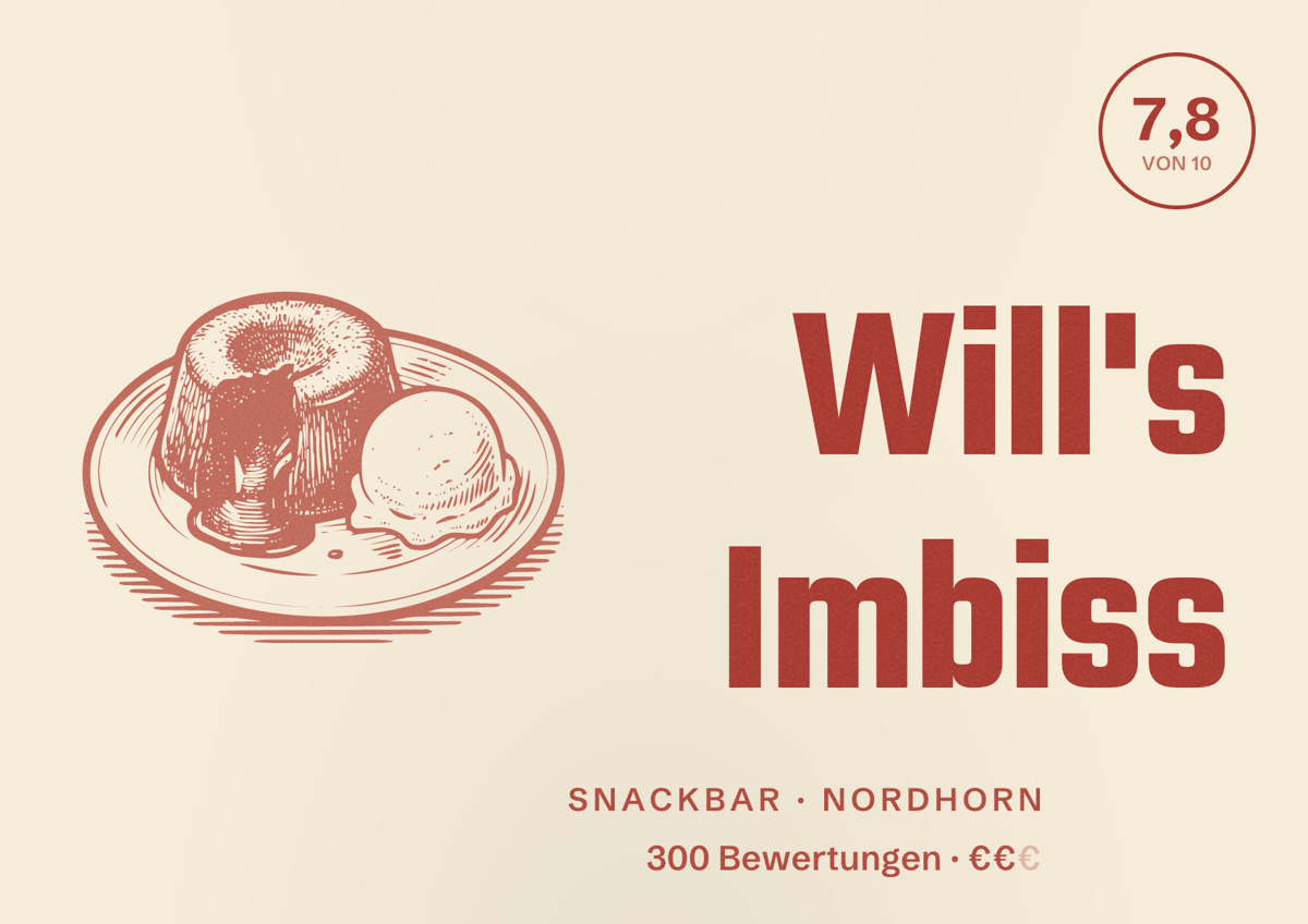 Illustriertes Poster von Will's Imbiss, Snackbar in Nordhorn: Bewertung 7,8 von 10 aus 300 Bewertungen, Preisniveau €€