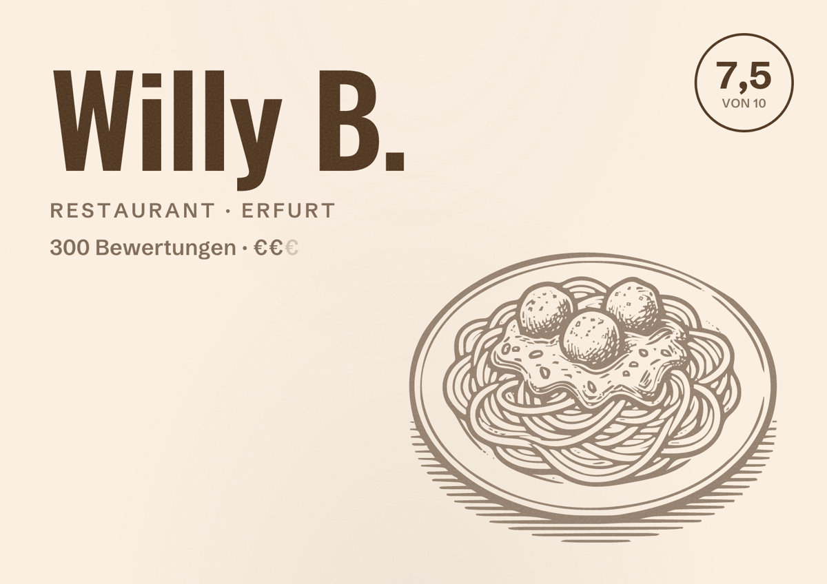 Illustriertes Poster von Willy B., Restaurant in Erfurt: Bewertung 7,5 von 10 aus 300 Bewertungen, Preisniveau €€