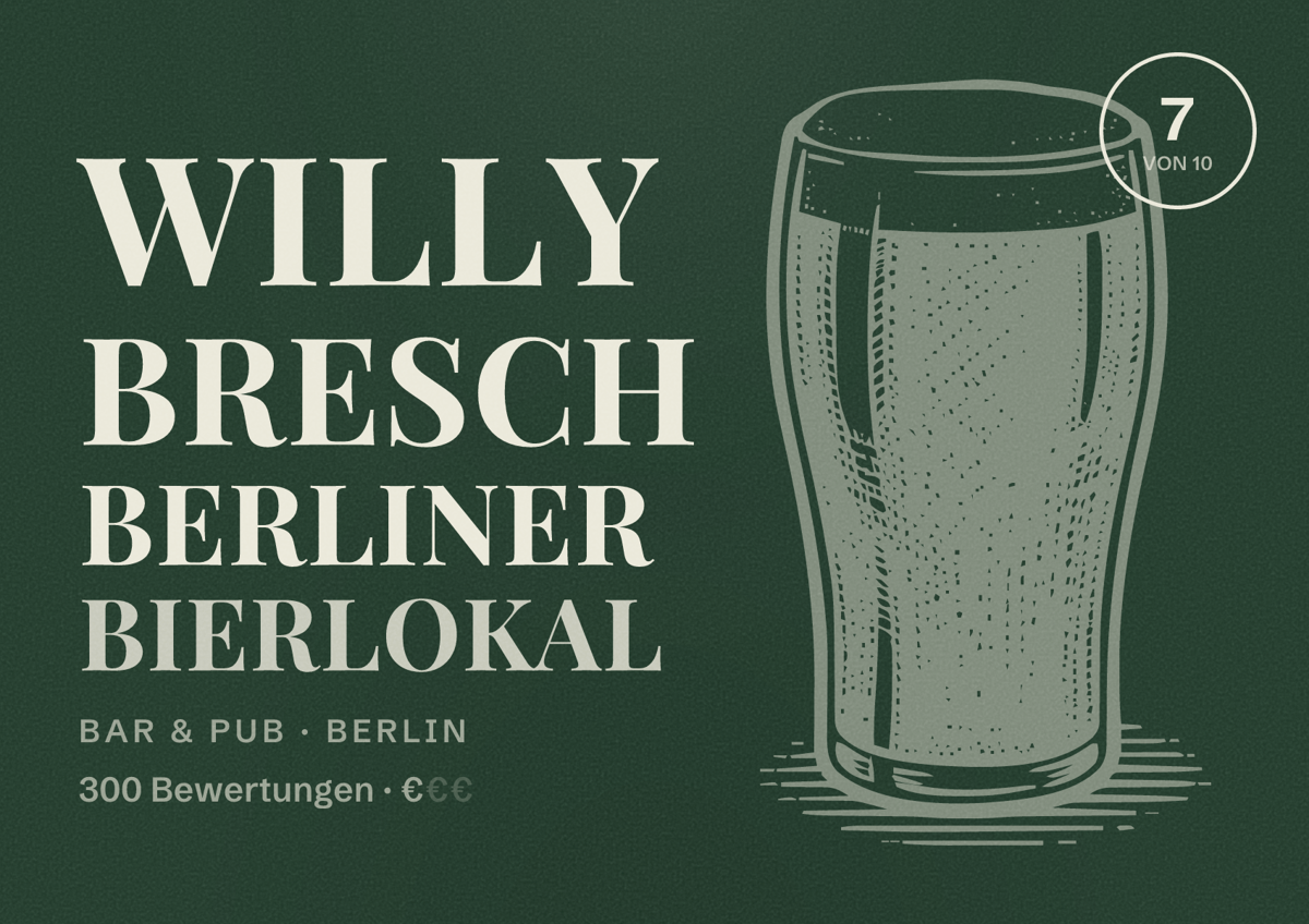 Illustriertes Poster von Willy Bresch Berliner Bierlokal, Bar & Pub in Berlin: Bewertung 7 von 10 aus 300 Bewertungen, Preisniveau €