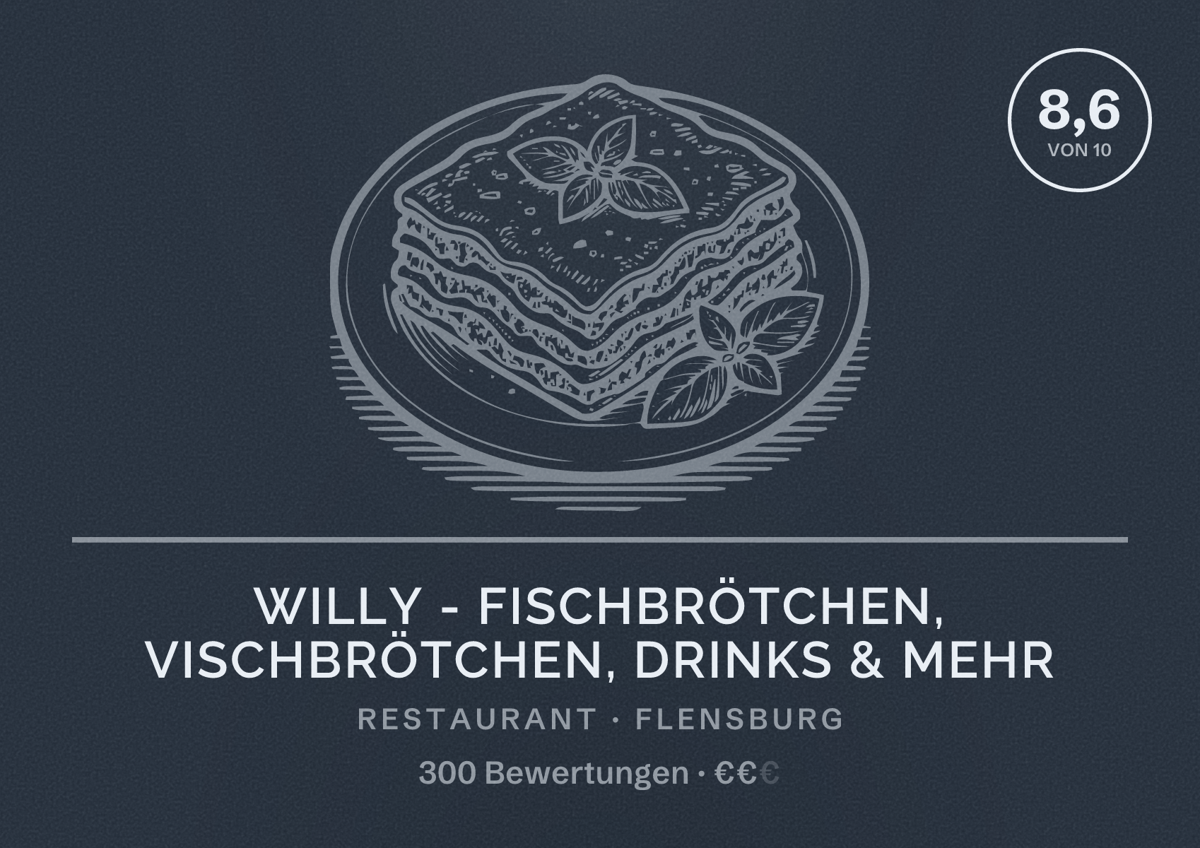 Illustriertes Poster von Willy - Fischbrötchen, Vischbrötchen, Drinks & mehr, Restaurant in Flensburg: Bewertung 8,6 von 10 aus 300 Bewertungen, Preisniveau €€