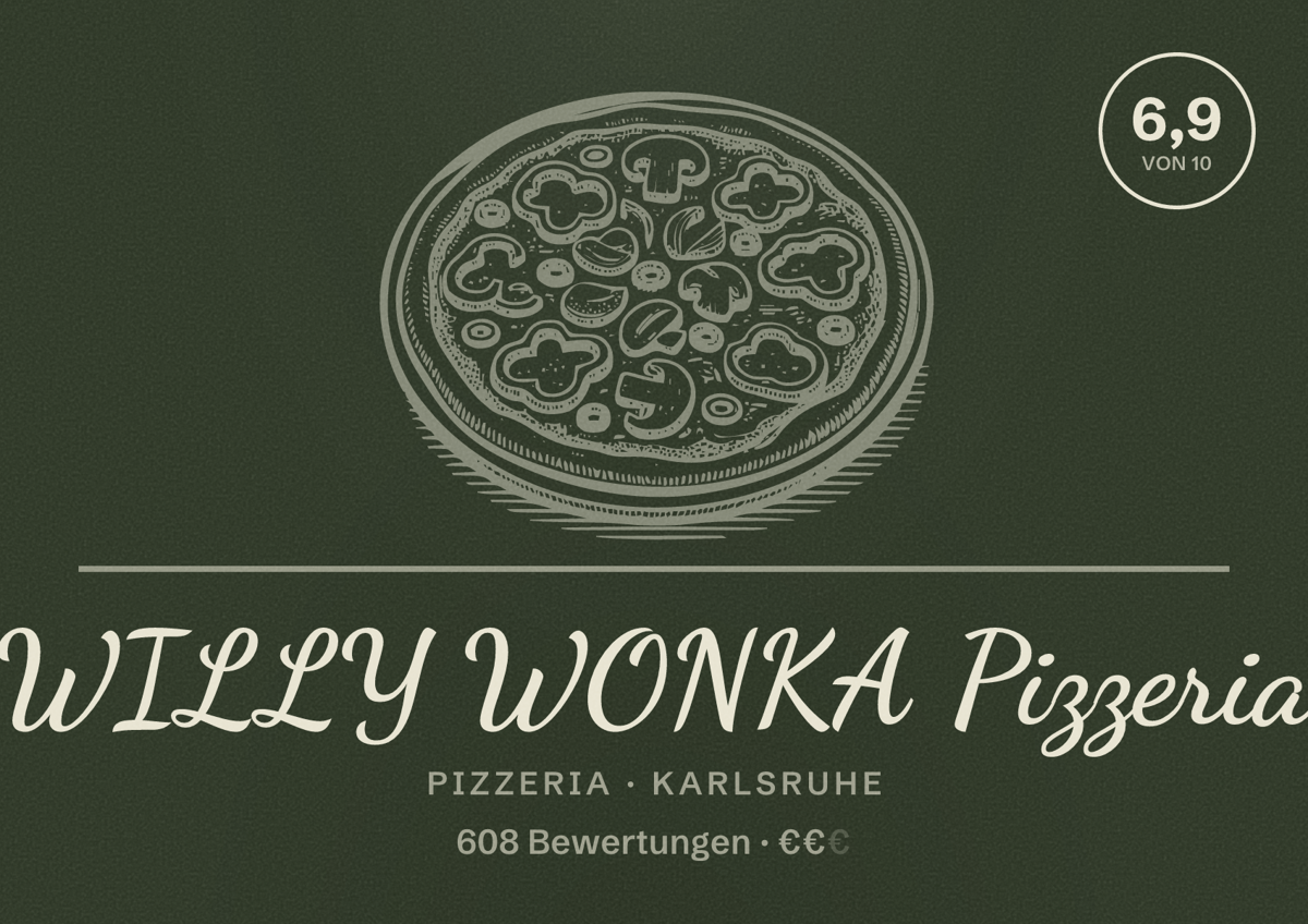 Illustriertes Poster von WILLY WONKA Pizzeria, Pizzeria in Karlsruhe: Bewertung 6,9 von 10 aus 608 Bewertungen, Preisniveau €€