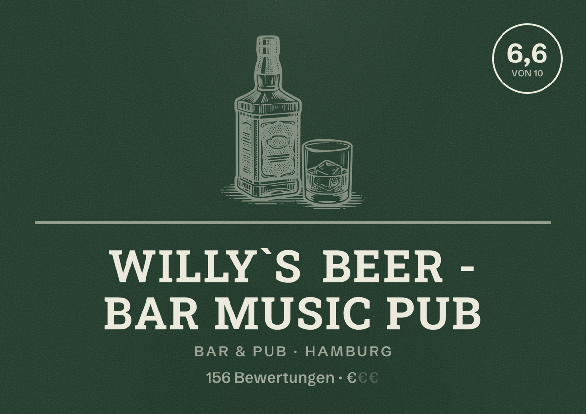 Illustriertes Poster von WILLY`S BEER - BAR MUSIC PUB, Bar & Pub in Hamburg: Bewertung 6,6 von 10 aus 156 Bewertungen, Preisniveau €
