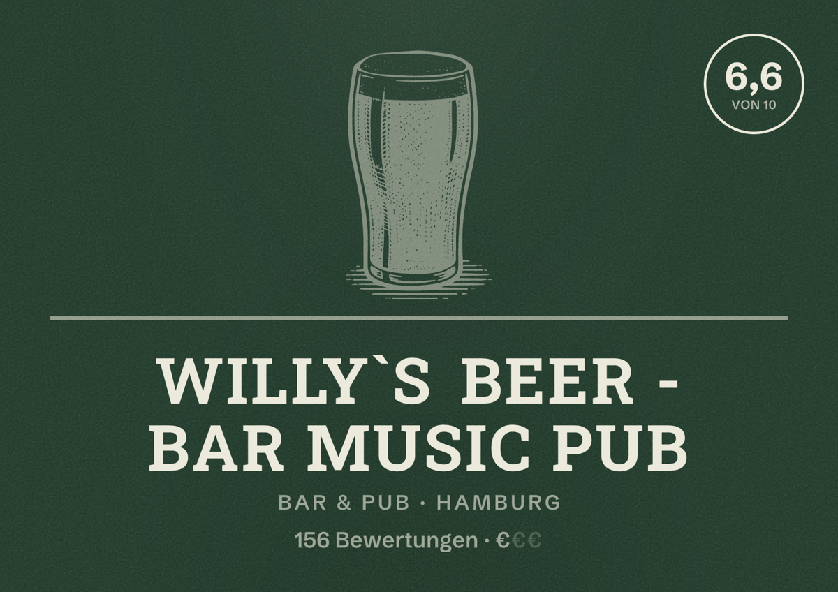 Illustriertes Poster von WILLY`S BEER - BAR MUSIC PUB, Bar & Pub in Hamburg: Bewertung 6,6 von 10 aus 156 Bewertungen, Preisniveau €