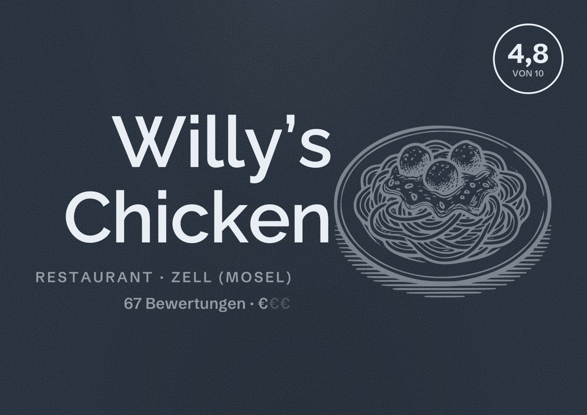 Illustriertes Poster von Willy’s Chicken, Restaurant in Zell (Mosel): Bewertung 4,8 von 10 aus 67 Bewertungen, Preisniveau €