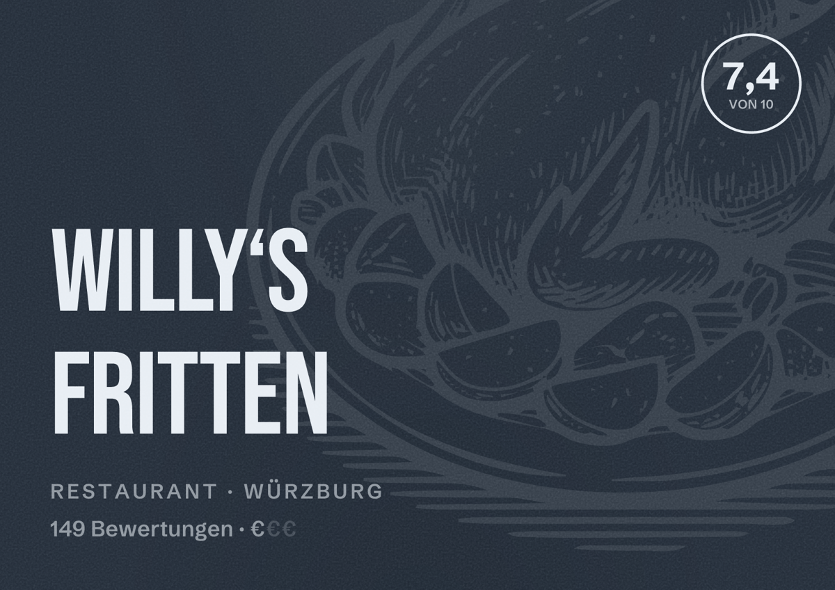 Illustriertes Poster von Willy‘s Fritten, Restaurant in Würzburg: Bewertung 7,4 von 10 aus 149 Bewertungen, Preisniveau €