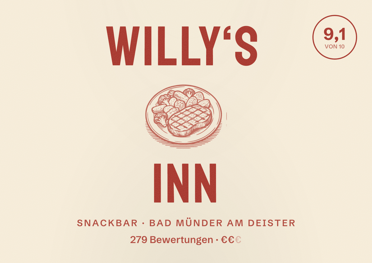 Illustriertes Poster von Willy‘s Inn, Snackbar in Bad Münder am Deister: Bewertung 9,1 von 10 aus 279 Bewertungen, Preisniveau €€