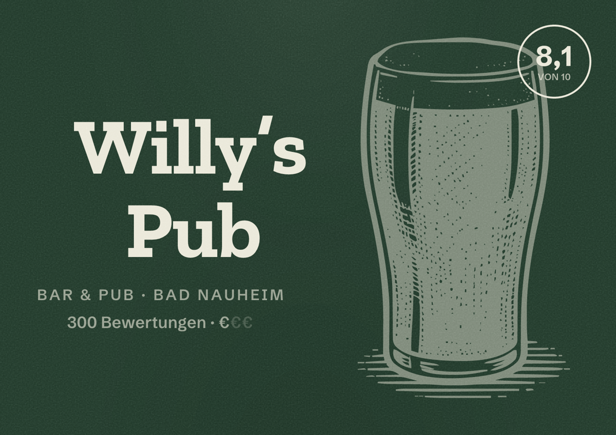 Illustriertes Poster von Willy’s Pub, Bar & Pub in Bad Nauheim: Bewertung 8,1 von 10 aus 300 Bewertungen, Preisniveau €