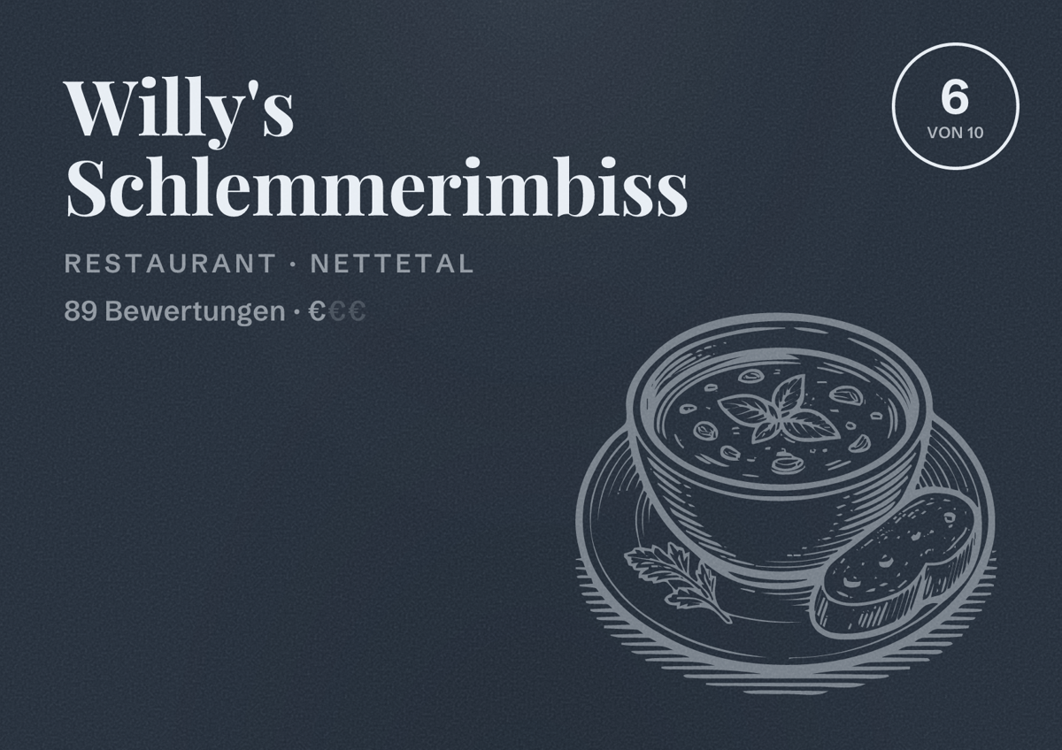Illustriertes Poster von Willy's Schlemmerimbiss, Restaurant in Nettetal: Bewertung 6 von 10 aus 89 Bewertungen, Preisniveau €