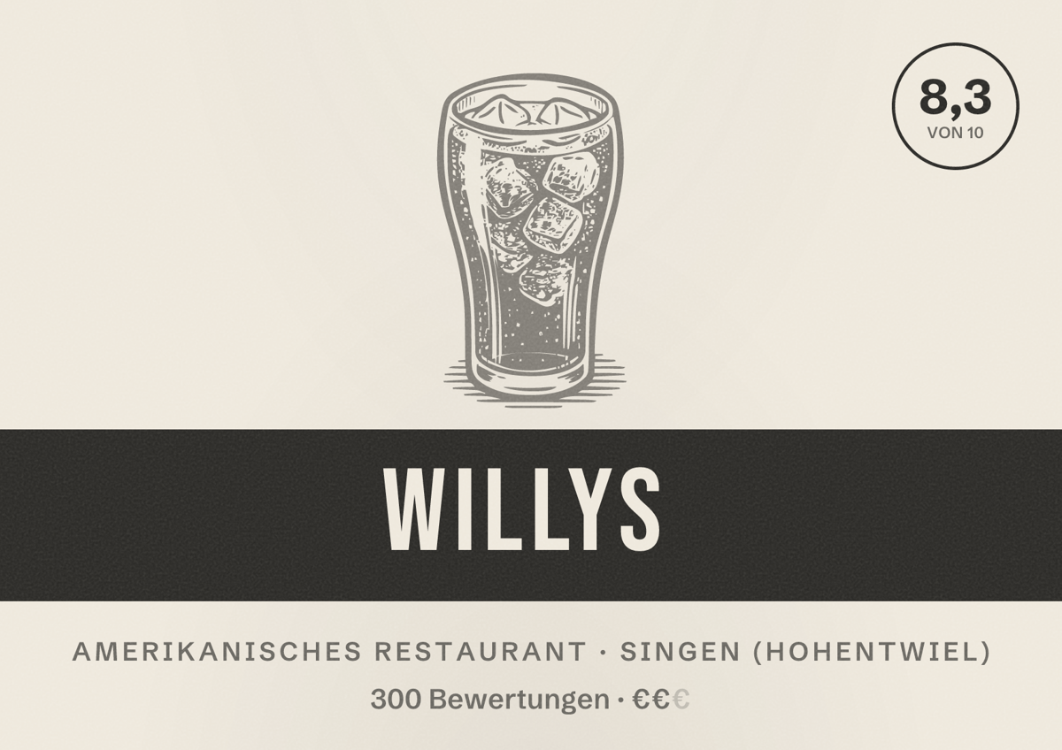 Illustriertes Poster von Willys, Amerikanisches Restaurant in Singen (Hohentwiel): Bewertung 8,3 von 10 aus 300 Bewertungen, Preisniveau €€
