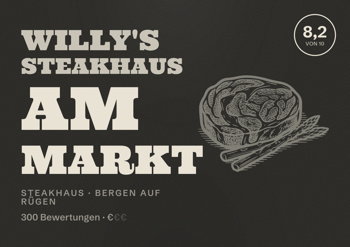 Illustriertes Poster von Willy's Steakhaus am Markt, Steakhaus in Bergen auf Rügen: Bewertung 8,2 von 10 aus 300 Bewertungen, Preisniveau €
