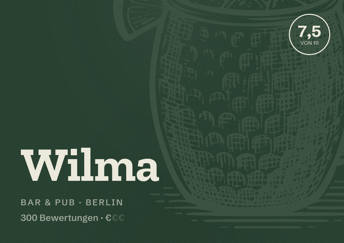 Illustriertes Poster von Wilma, Bar & Pub in Berlin: Bewertung 7,5 von 10 aus 300 Bewertungen, Preisniveau €