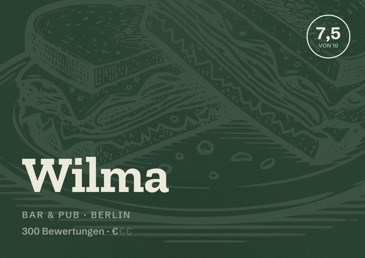Illustriertes Poster von Wilma, Bar & Pub in Berlin: Bewertung 7,5 von 10 aus 300 Bewertungen, Preisniveau €