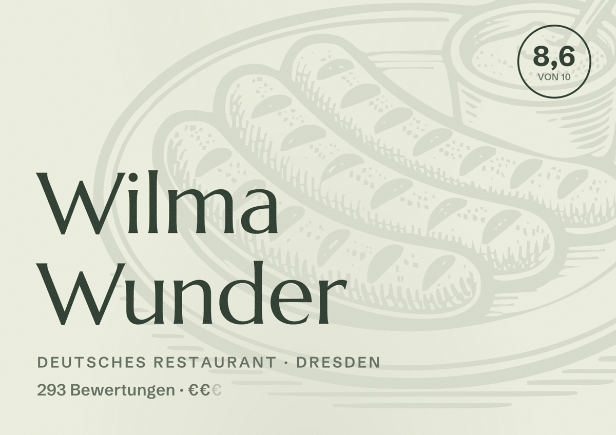 Illustriertes Poster von Wilma Wunder, Deutsches Restaurant in Dresden: Bewertung 8,6 von 10 aus 293 Bewertungen, Preisniveau €€