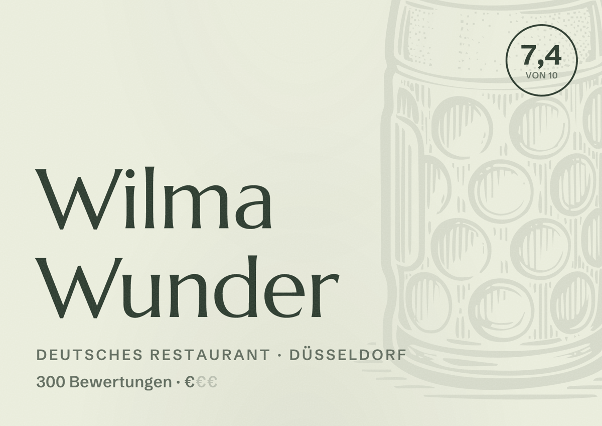 Illustriertes Poster von Wilma Wunder, Deutsches Restaurant in Düsseldorf: Bewertung 7,4 von 10 aus 300 Bewertungen, Preisniveau €