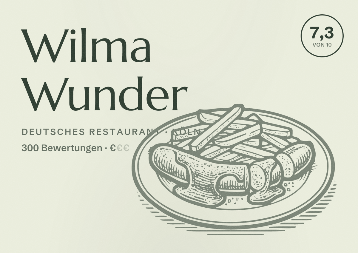 Illustriertes Poster von Wilma Wunder, Deutsches Restaurant in Köln: Bewertung 7,3 von 10 aus 300 Bewertungen, Preisniveau €