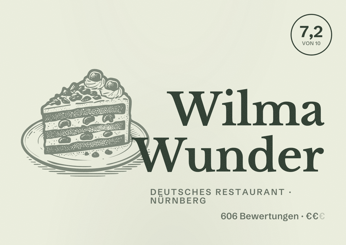 Illustriertes Poster von Wilma Wunder, Deutsches Restaurant in Nürnberg: Bewertung 7,2 von 10 aus 606 Bewertungen, Preisniveau €€