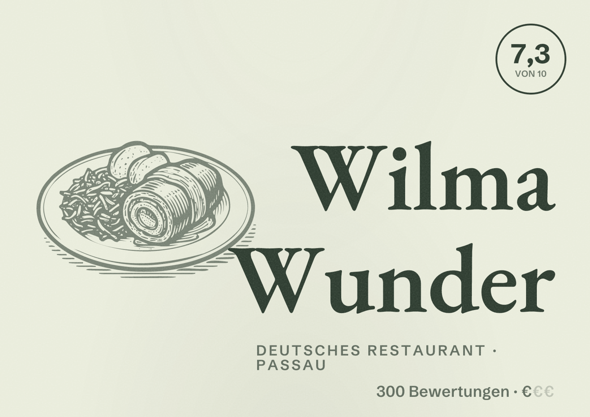 Illustriertes Poster von Wilma Wunder, Deutsches Restaurant in Passau: Bewertung 7,3 von 10 aus 300 Bewertungen, Preisniveau €