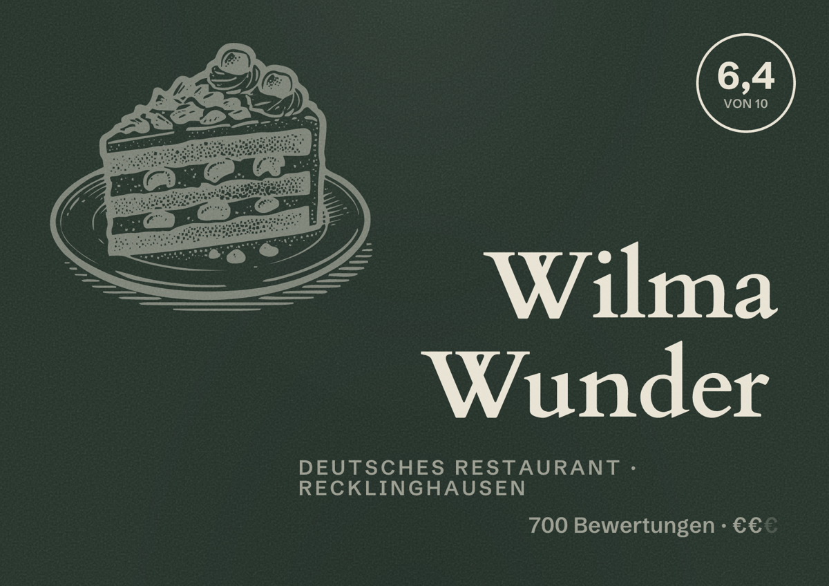 Illustriertes Poster von Wilma Wunder, Deutsches Restaurant in Recklinghausen: Bewertung 6,4 von 10 aus 700 Bewertungen, Preisniveau €€