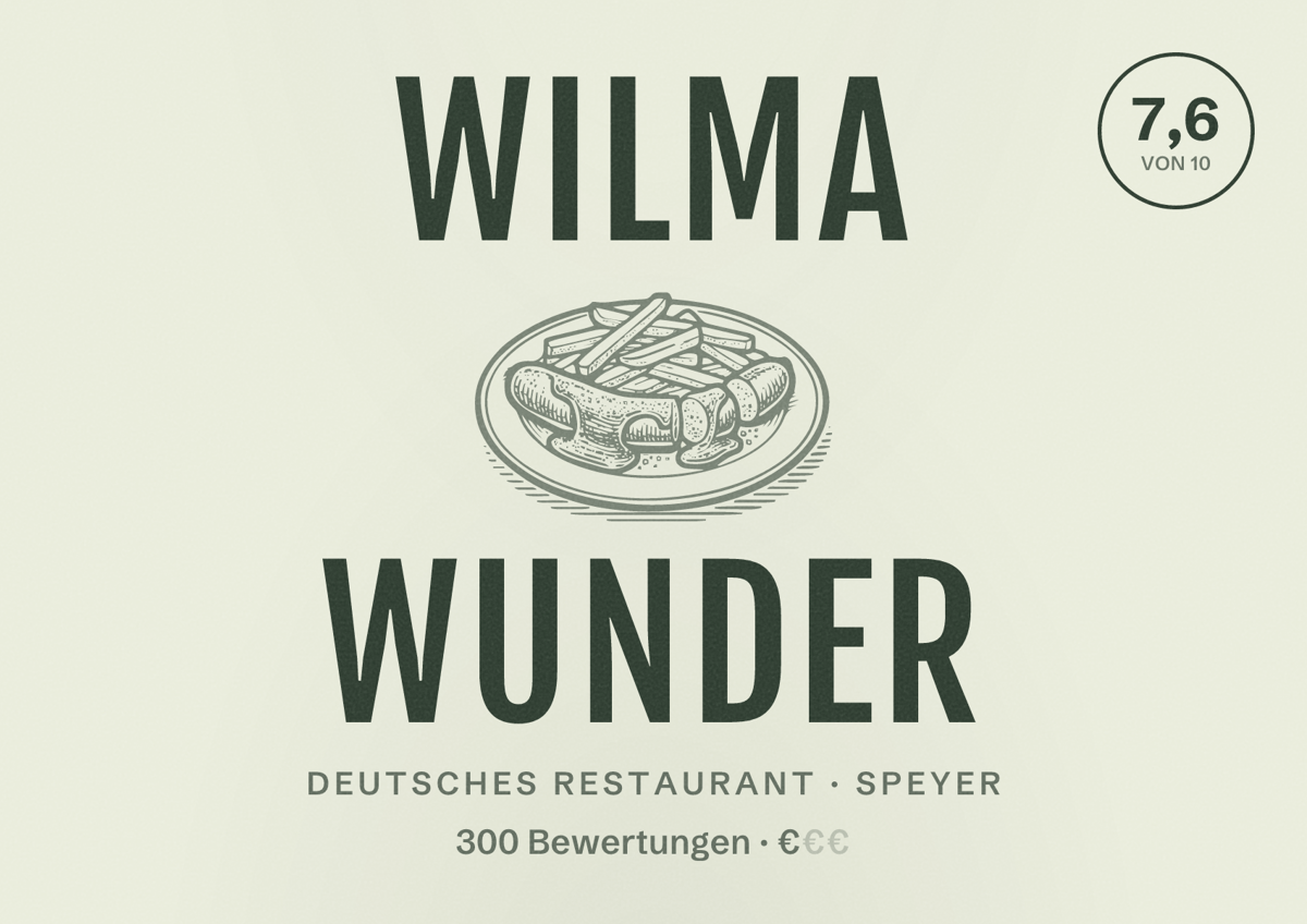 Illustriertes Poster von Wilma Wunder, Deutsches Restaurant in Speyer: Bewertung 7,6 von 10 aus 300 Bewertungen, Preisniveau €