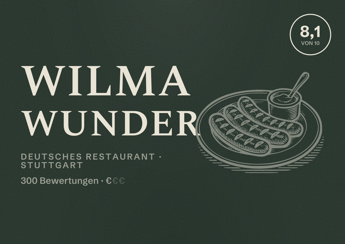 Illustriertes Poster von Wilma Wunder, Deutsches Restaurant in Stuttgart: Bewertung 8,1 von 10 aus 300 Bewertungen, Preisniveau €