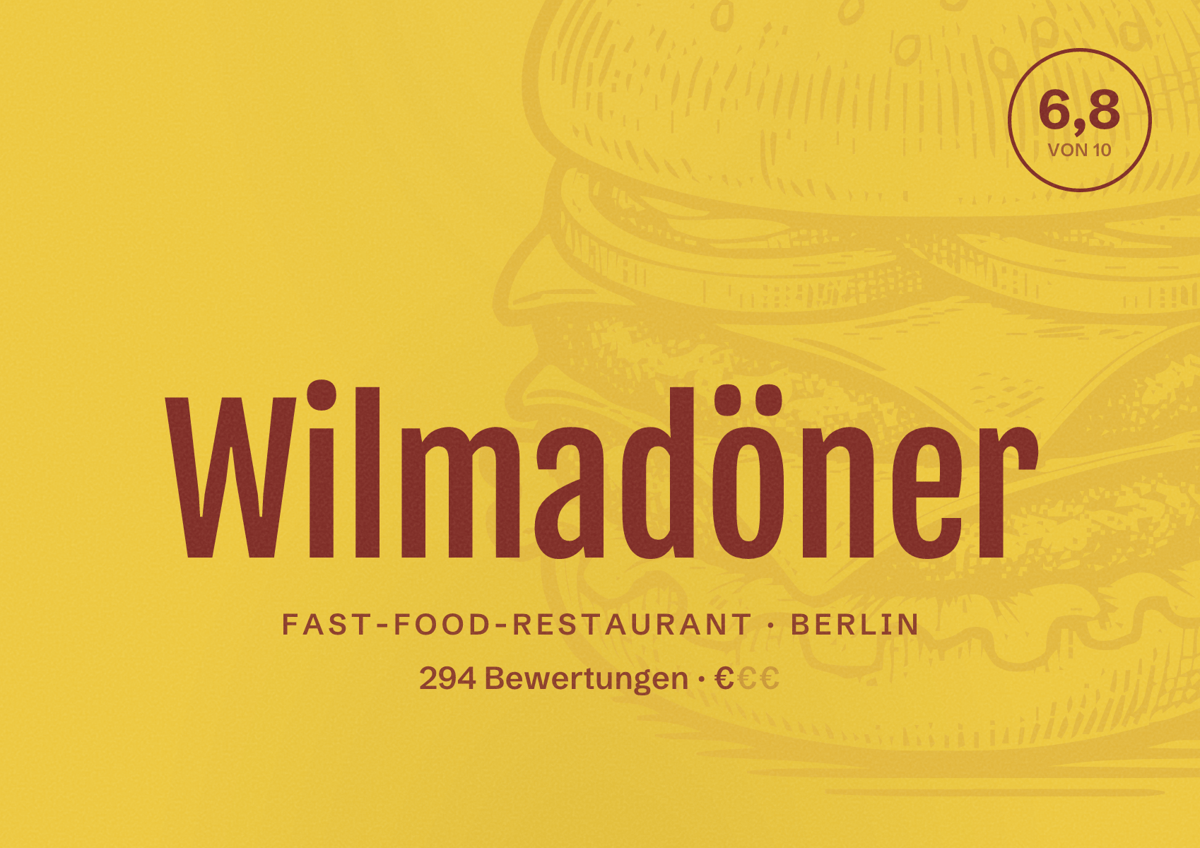 Illustriertes Poster von Wilmadöner, Fast-Food-Restaurant in Berlin: Bewertung 6,8 von 10 aus 294 Bewertungen, Preisniveau €