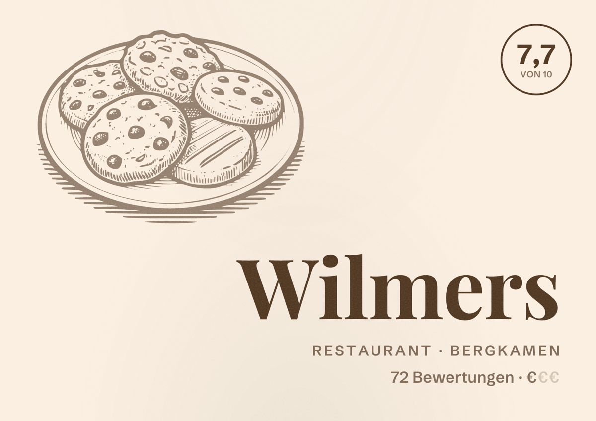 Illustriertes Poster von Wilmers, Restaurant in Bergkamen: Bewertung 7,7 von 10 aus 72 Bewertungen, Preisniveau €