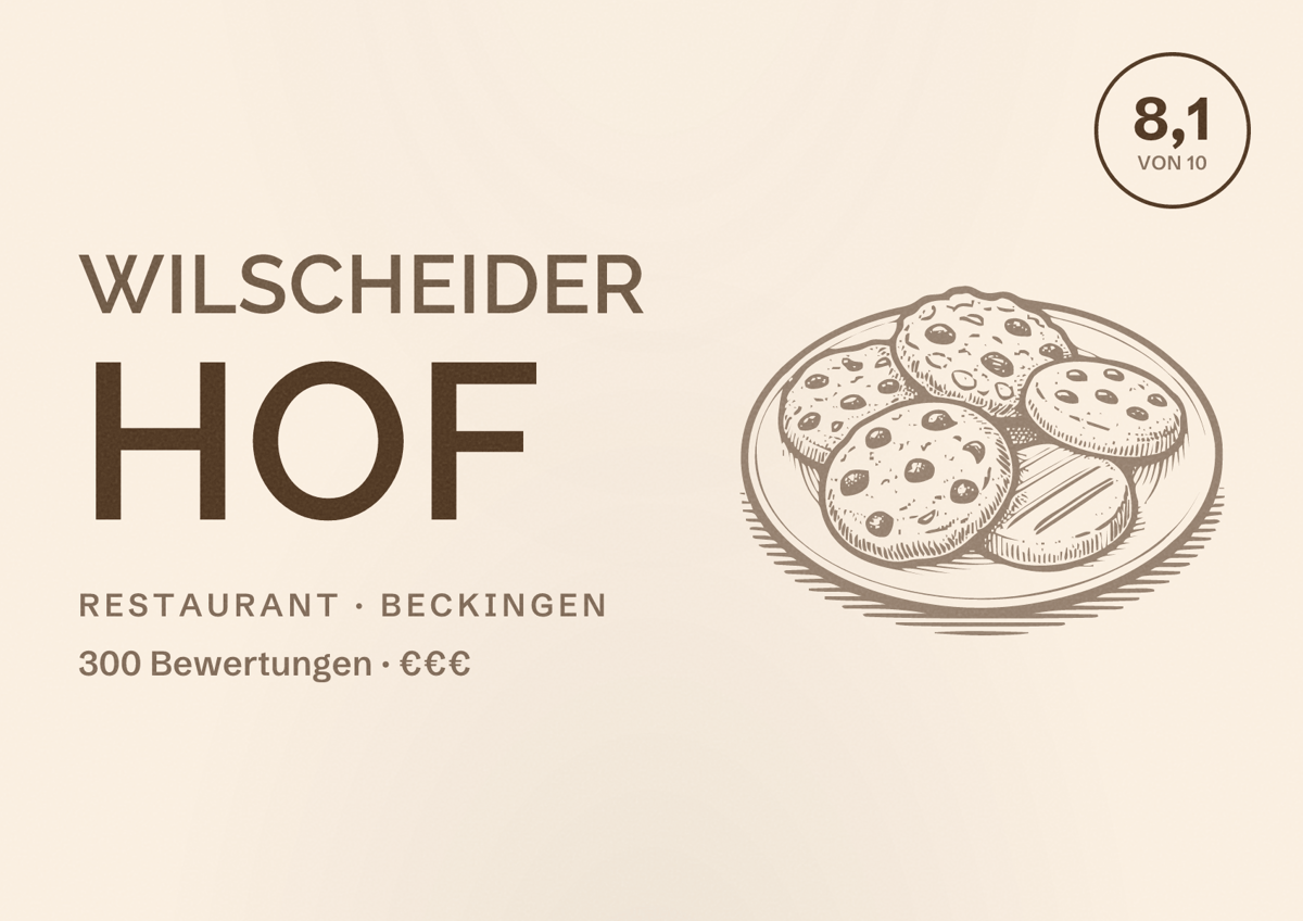 Illustriertes Poster von Wilscheider Hof, Restaurant in Beckingen: Bewertung 8,1 von 10 aus 300 Bewertungen, Preisniveau €€€