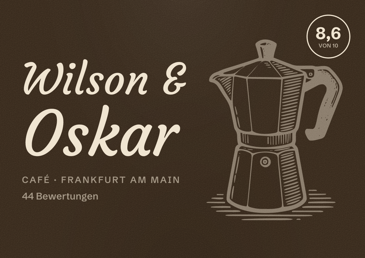 Illustriertes Poster von Wilson & Oskar, Café in Frankfurt am Main: Bewertung 8,6 von 10 aus 44 Bewertungen