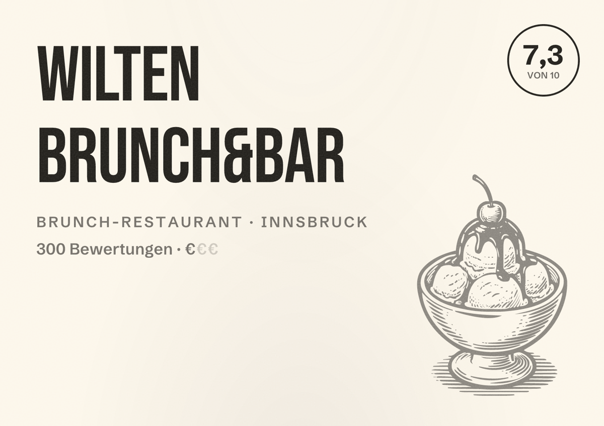 Illustriertes Poster von Wilten Brunch&Bar, Brunch-Restaurant in Innsbruck: Bewertung 7,3 von 10 aus 300 Bewertungen, Preisniveau €