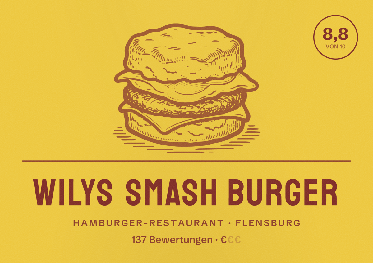 Illustriertes Poster von Wilys Smash Burger, Hamburger-Restaurant in Flensburg: Bewertung 8,8 von 10 aus 137 Bewertungen, Preisniveau €