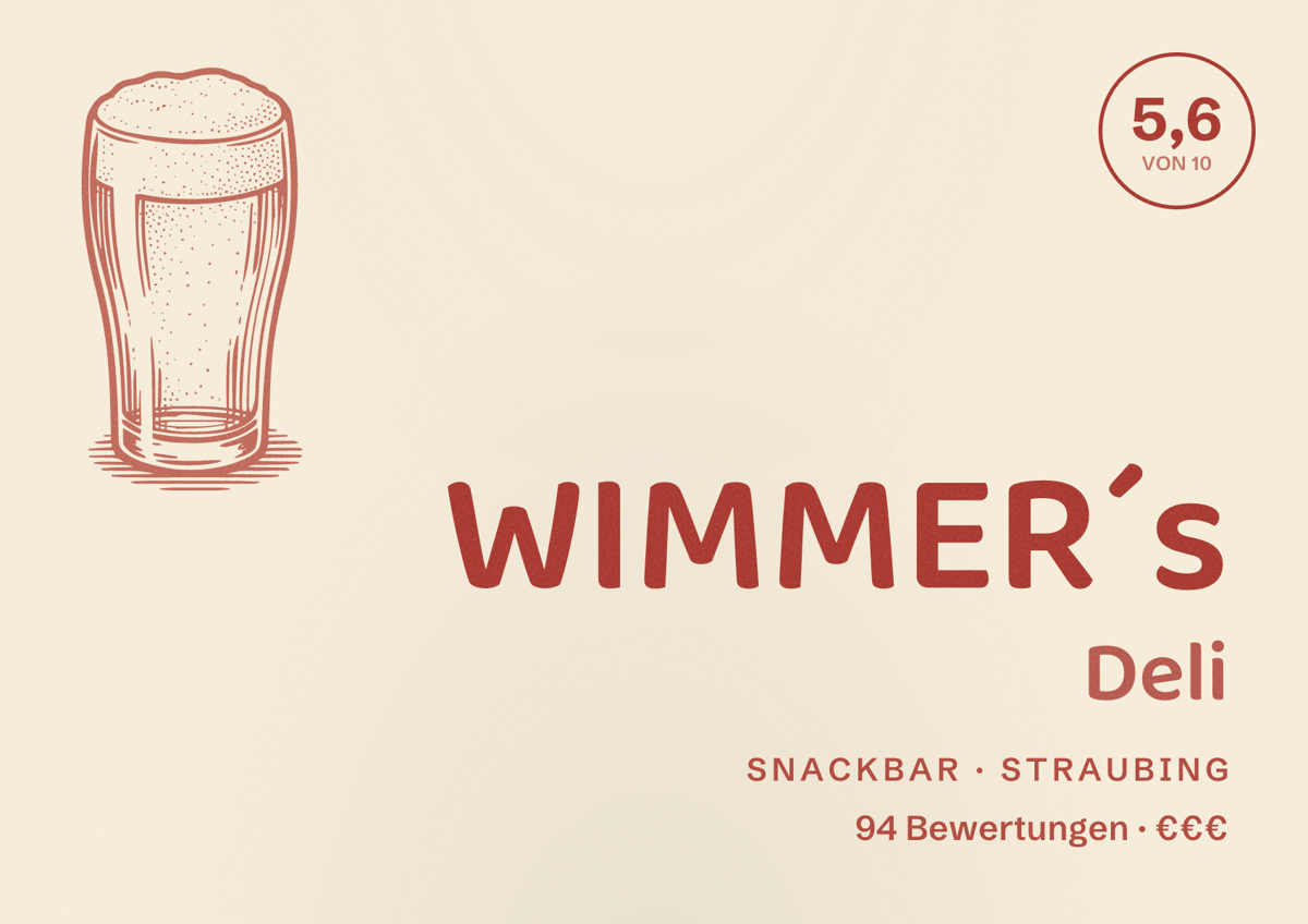 Illustriertes Poster von WIMMER´s Deli, Snackbar in Straubing: Bewertung 5,6 von 10 aus 94 Bewertungen, Preisniveau €€€