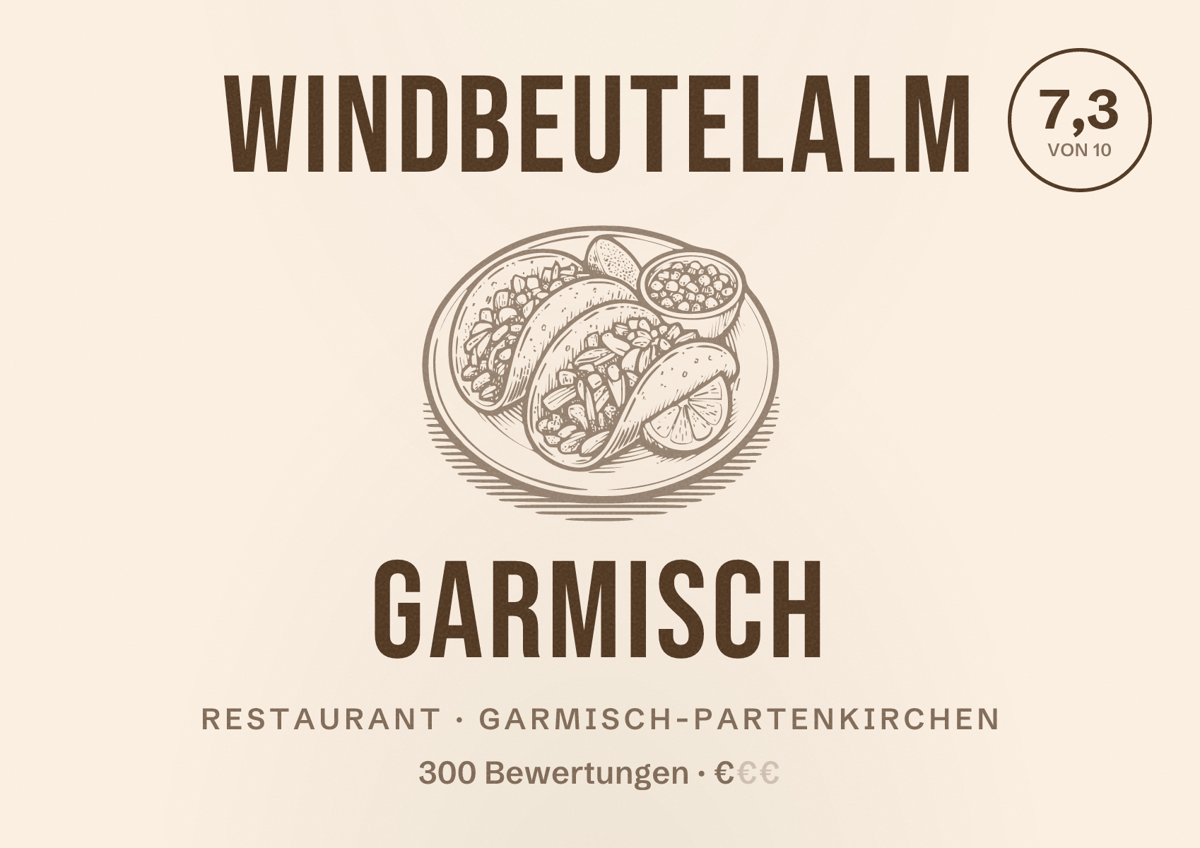 Illustriertes Poster von Windbeutelalm Garmisch, Restaurant in Garmisch-Partenkirchen: Bewertung 7,3 von 10 aus 300 Bewertungen, Preisniveau €