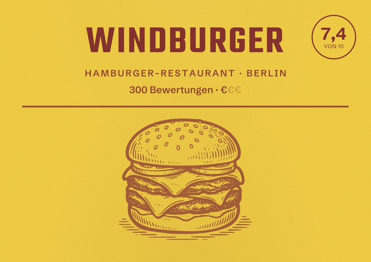 Illustriertes Poster von Windburger, Hamburger-Restaurant in Berlin: Bewertung 7,4 von 10 aus 300 Bewertungen, Preisniveau €