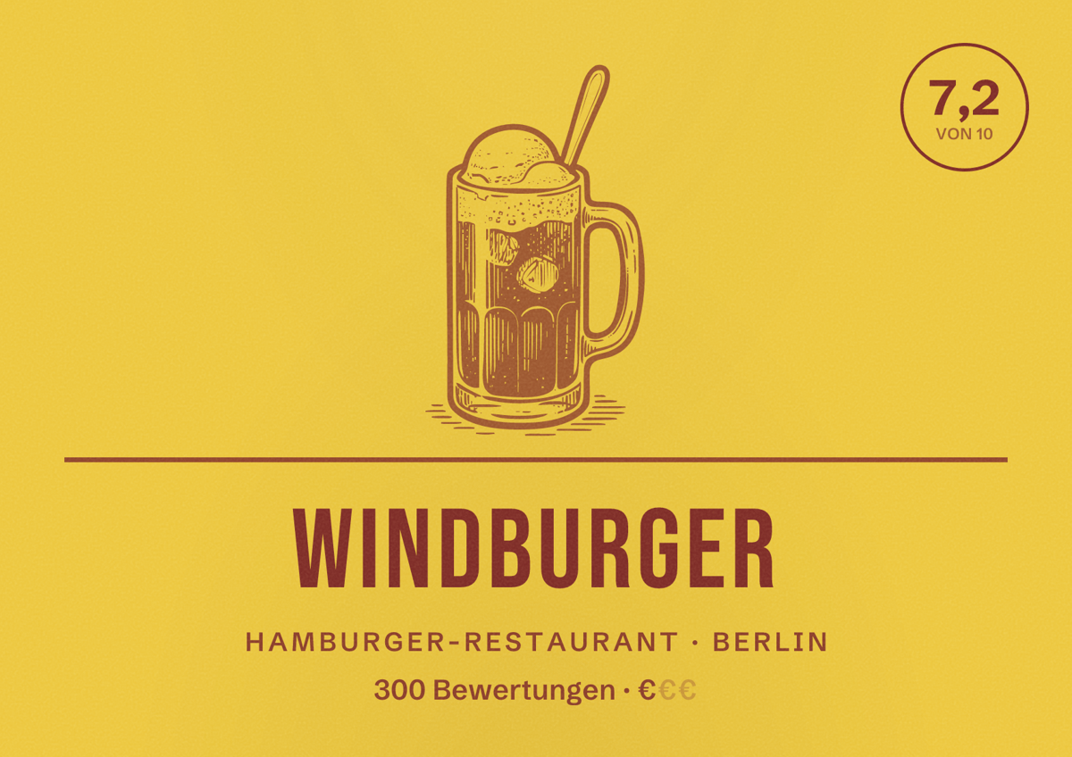 Illustriertes Poster von Windburger, Hamburger-Restaurant in Berlin: Bewertung 7,2 von 10 aus 300 Bewertungen, Preisniveau €