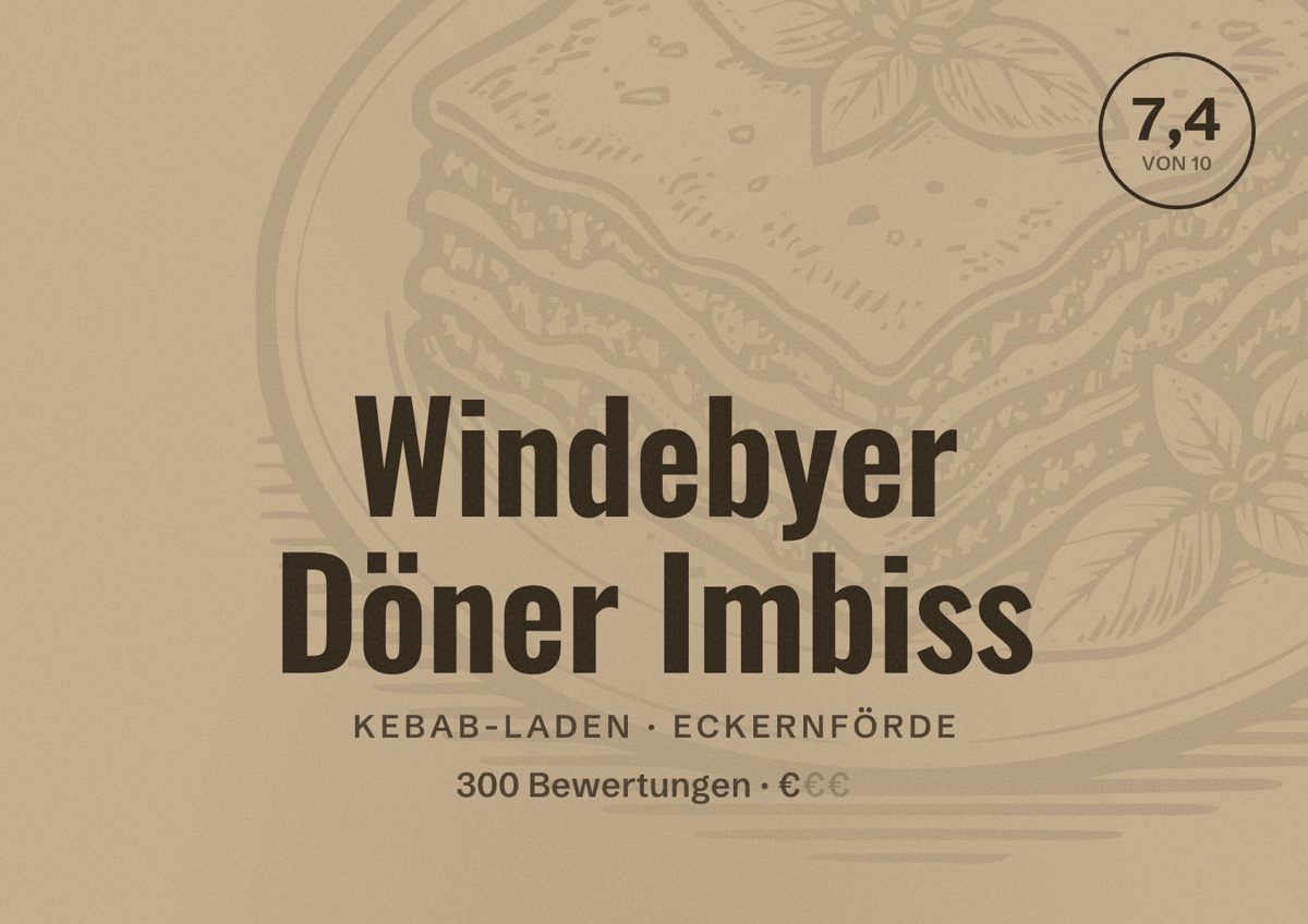 Illustriertes Poster von Windebyer Döner Imbiss, Kebab-Laden in Eckernförde: Bewertung 7,4 von 10 aus 300 Bewertungen, Preisniveau €