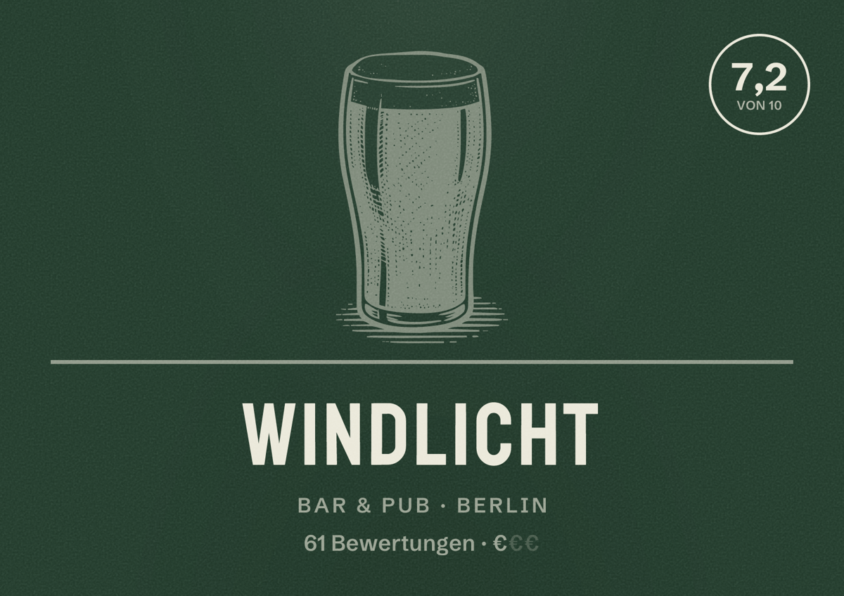 Illustriertes Poster von Windlicht, Bar & Pub in Berlin: Bewertung 7,2 von 10 aus 61 Bewertungen, Preisniveau €
