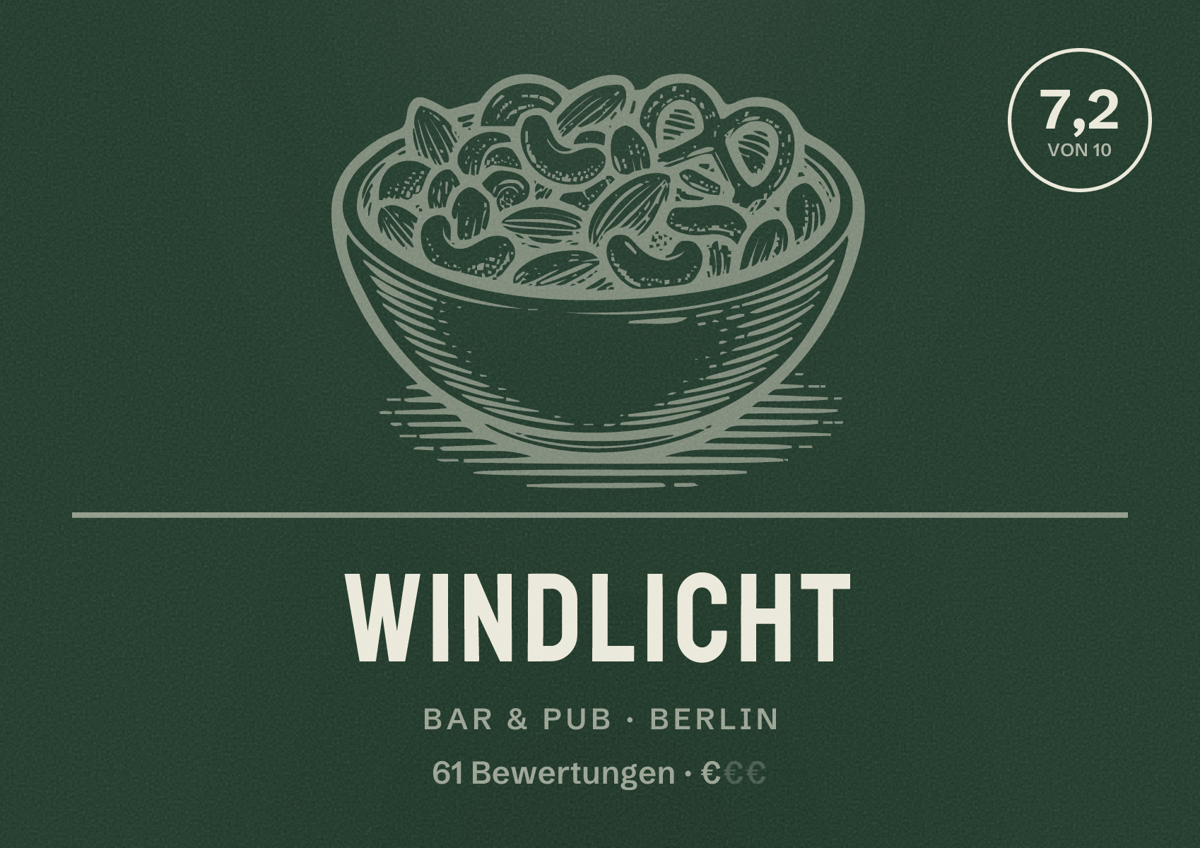 Illustriertes Poster von Windlicht, Bar & Pub in Berlin: Bewertung 7,2 von 10 aus 61 Bewertungen, Preisniveau €
